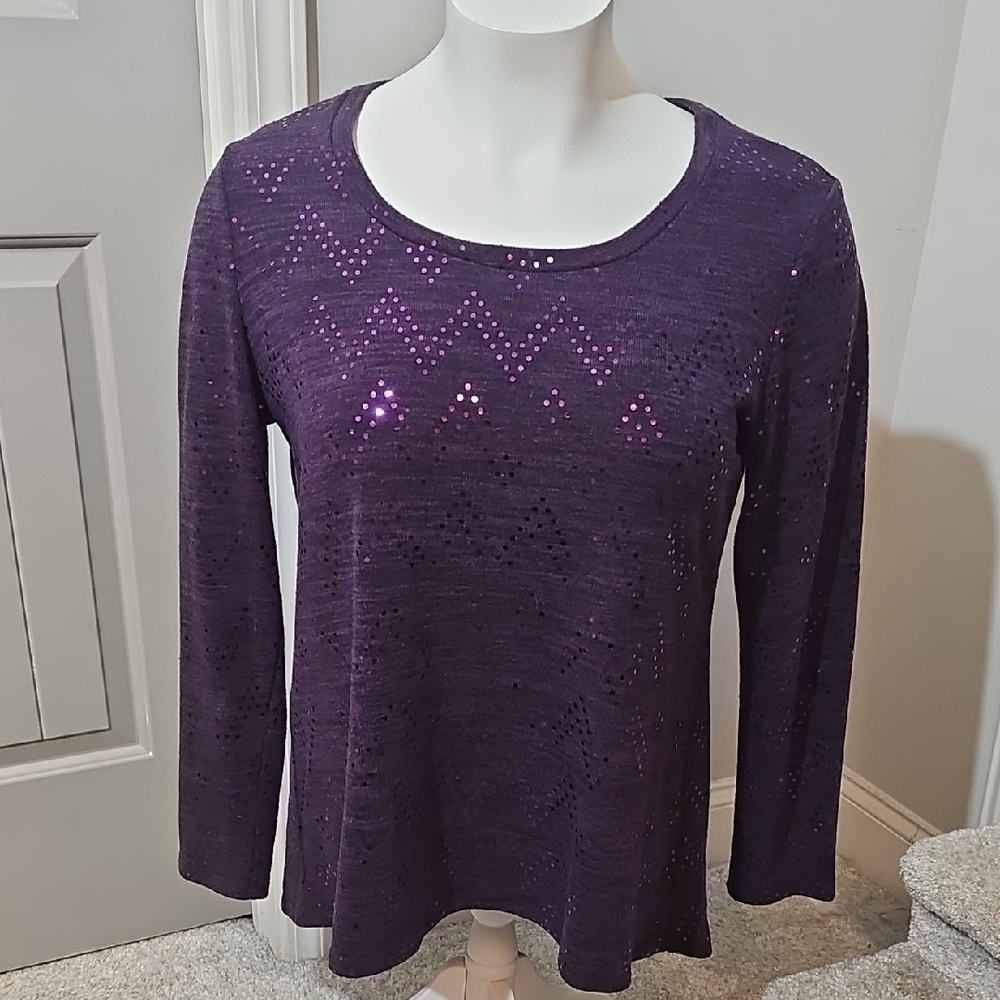 Jaclyn Smith Deep Purple Sequin Chevron Long Sleeve Top